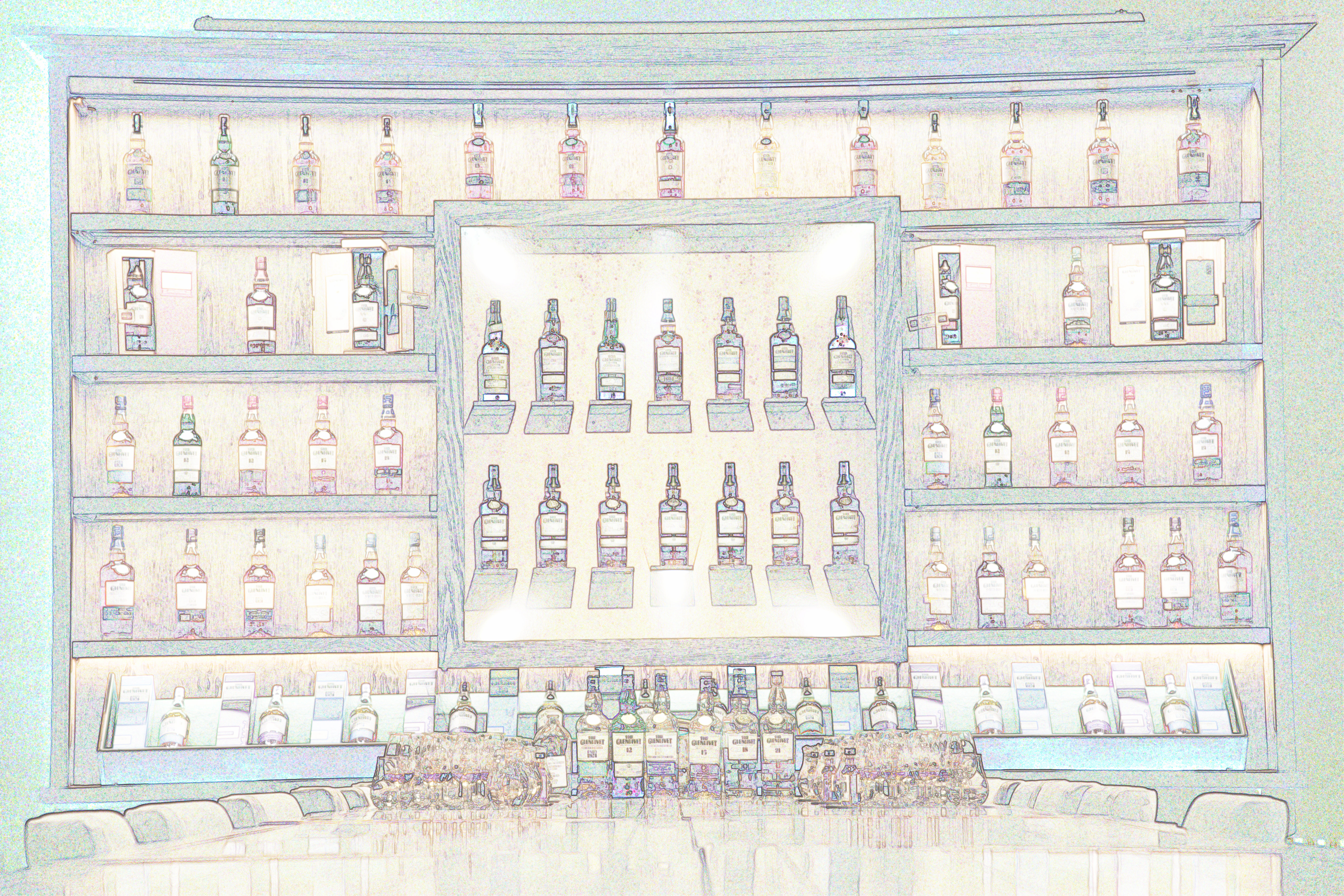 Illustration of a tasting room of The Glenlivet to discover flavors of drinks and share tastings.